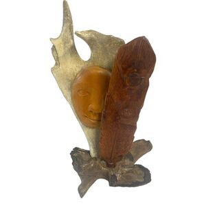 Whimsical Face Bear Hand Carved John Roberts 1995 Wood Antler Sculpture 13” Vtg